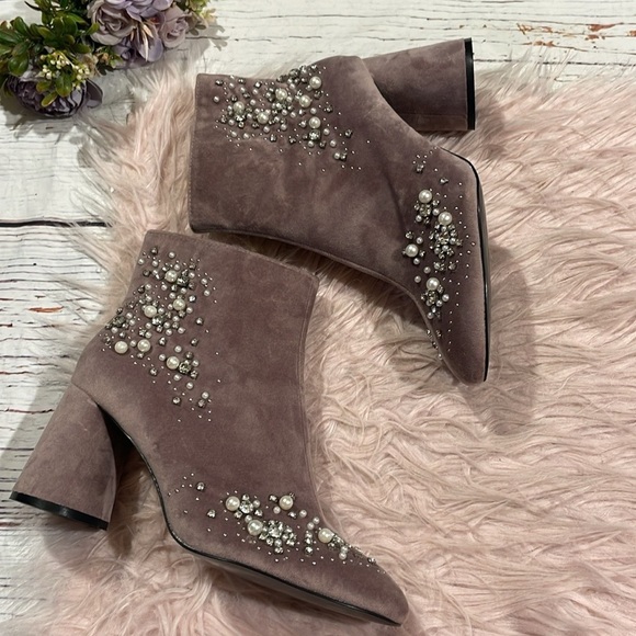 Zara Bejeweled Pink Velvet Zip Front Booties - Picture 4 of 12
